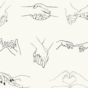 Puede incluir: Un conjunto de nueve dibujos en blanco y negro de diferentes gestos con las manos, incluyendo tomarse de la mano, entrelazar los dedos y una forma de corazón.