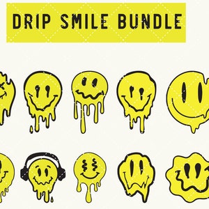 Könnte beinhalten: Ein Set mit zehn digitalen Clipart-Bildern, die tropfende Smiley-Gesichter in verschiedenen Stilen zeigen. Die Bilder sind schwarz und gelb und perfekt für Bastelprojekte, soziale Medien und mehr.