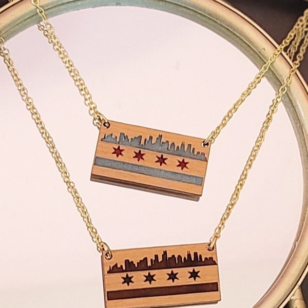 Chicago Flag with Skyline Necklace