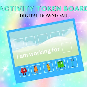 May include: A blue digital download activity token board with the text "I am working for" and colorful cartoon characters.