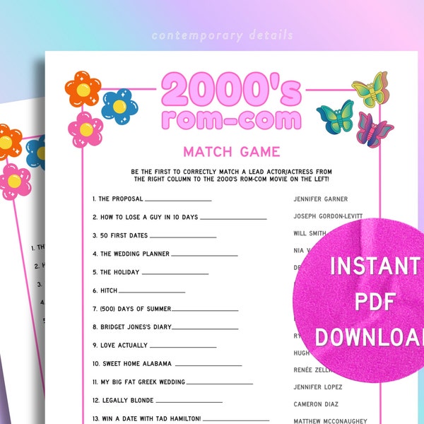 2000s Rom-Com Movie Match Game - Fun Trivia - Printable Party Game - Digital Download - Gen-X, Millennials, Bridal Parties- Instant Download