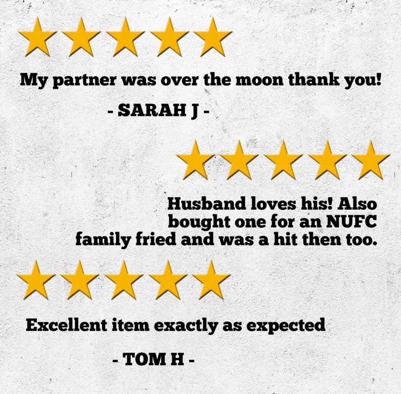 Puede incluir: Imagen de rese&ntilde;as de clientes con valoraciones de estrellas doradas. El texto incluye frases como "My partner was over the moon thank you!" y "Excellent item exactly as expected."