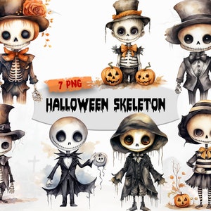 Watercolor Halloween Skeleton Clipart, Halloween PNG, Cute Halloween Graphics, Adorable Clipart bundle, Transparent, Commercial Use