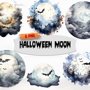 Watercolor Halloween Moon Clipart, Halloween PNG, Cute Halloween Graphics, Adorable Clipart bundle, Transparent, Commercial Use