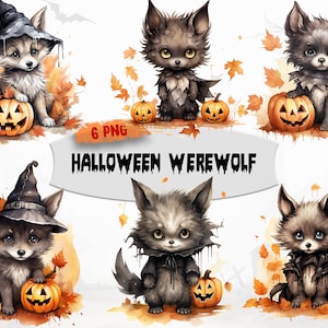 Watercolor Halloween Werewolf Clipart, PNG Format, Cute Halloween Graphics, Adorable Clipart bundle, Transparent, Commercial Use Allowed