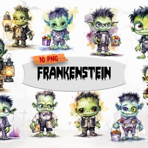 Watercolor Halloween Frankenstein Clipart, Halloween PNG, Cute Halloween Graphics, Adorable Clipart bundle, Transparent, Commercial Use