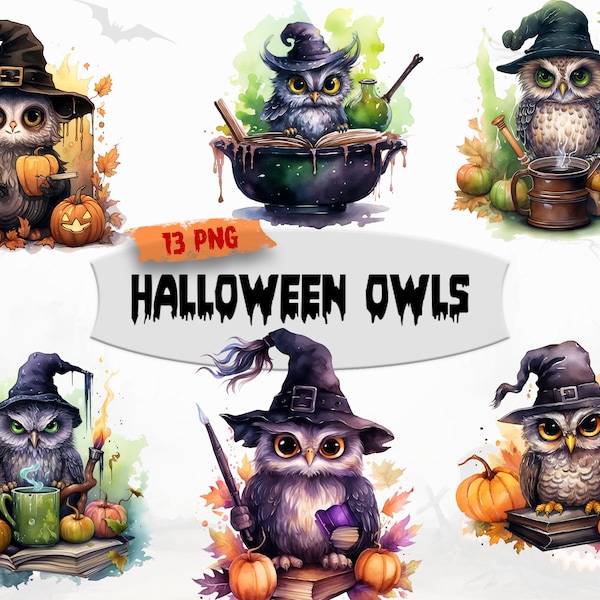 Watercolor Halloween Owl Clipart, Halloween PNG, Cute Halloween Graphics, Adorable Clipart bundle, Transparent, Commercial Use