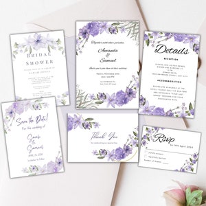 Lavender Wedding Invitation Template Bundle - Save the Date, Bridal Shower, Wedding Invite, Details, RSVP, Thank You, Editable & Printable