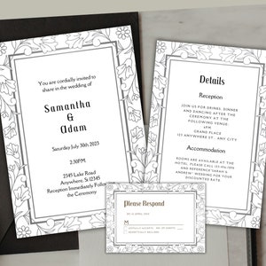 Conjunto de plantillas de invitación de boda Art Decó, Canva, imprimible, editable, diseño elegante, detalles de la invitación, RSVP, descarga instantánea, plantilla personalizada