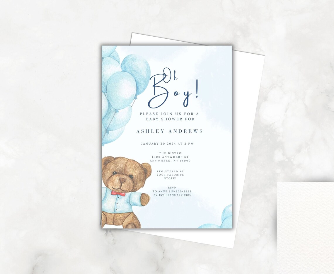 Vad Invitation Adorable Teddy Bear Baby Shower Invitation Blue Balloons, Perfect for ...