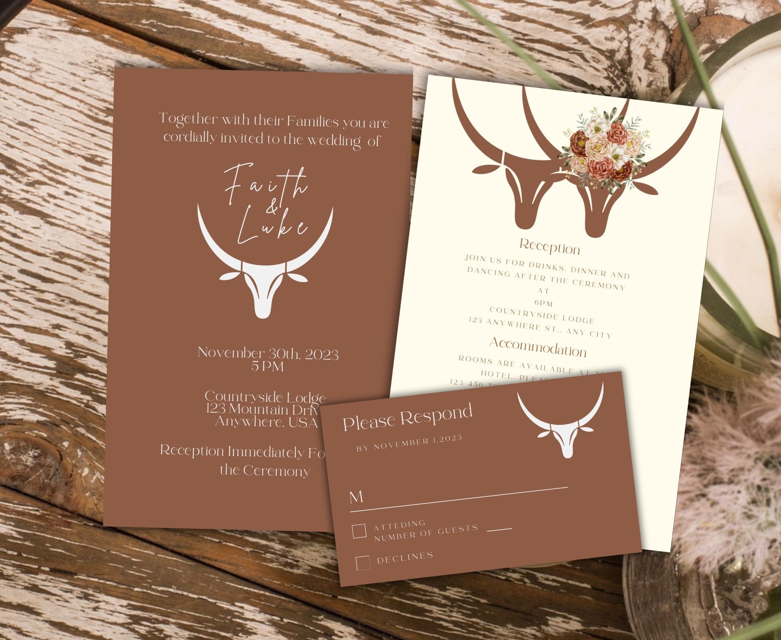 Western Wedding Invitation Template Set Printable Editable Cow Skull