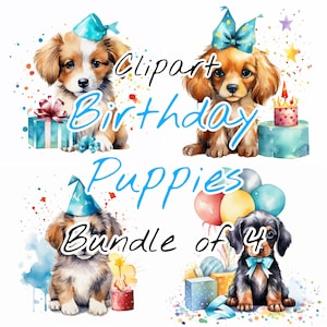 Anniversaire chiots aquarelle Clipart, chiot Bday, chiots, toutou, chiens, clipart mignon, art d’anniversaire, lot de 4