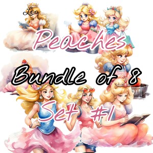 May include: A set of eight digital illustrations featuring a princess character in various poses and outfits. The illustrations are in a watercolor style and feature a pink, blue, and yellow color scheme. The text "Peaches Bundle of 8 Set #1" is included in the image.