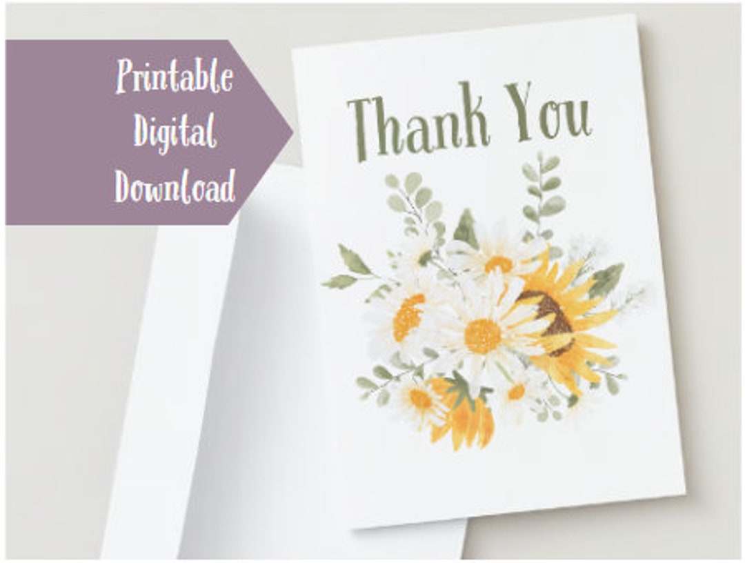 Thank You Card Featuring Watercolor Daisies and Sunflower - Blank - Etsy