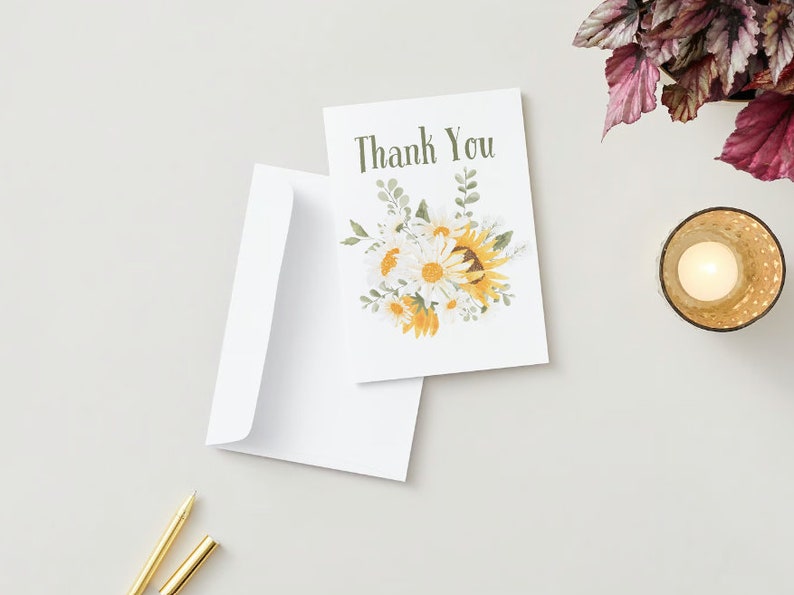 Thank You Card Featuring Watercolor Daisies and Sunflower - Blank - Etsy