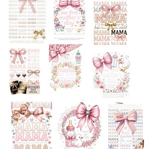 May include: A selection of Mother's Day designs with the word "MAMA" in different fonts. The designs incorporate pink bows, baby bottles, ducks, and floral wreaths. Some designs include the text "Our first mother's day" and "Mama est 2026".