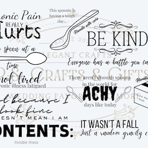 Może przedstawiać: Czarno-biały projekt graficzny z tekstem, który brzmi: "Chronic Pain Really Hurts", "One spoon at a time", "I'm not tired I'm chronic illness fatigued", "Just because I look fine DOESN'T MEAN I AM", "CONTENTS: Invisible Illness", "Handle with care BE KIND", "Everyone has a battle you can't see", "There aren't enough spoons in the world for Achy days like today", "IT WASN'T A FALL Just a random gravity check", and "Chronic illness inside".