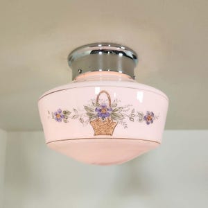Antique Vintage 1940s Hand Painted Flower Basket Milk Glass Ceiling Light Chrome
