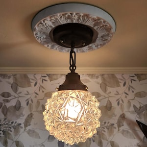 Antique Art Deco Geometric Glass Globe Pendant Light: Restored Brass Fixture
