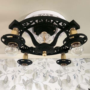 Antique Art Nouveau Chandelier: Black & Gold Semi-Flush Mount Lighting