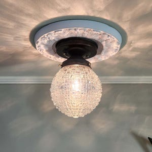 Antique Vintage 1930s Pebbled Glass Globe Brass Flush Mounted Ceiling Light Fixture MCM