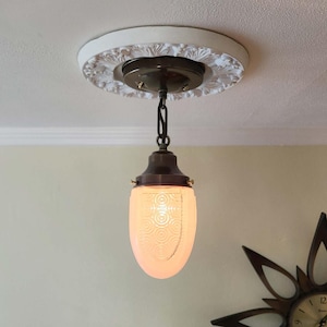 Antique Vintage 1920s Art Deco Antique Brass Milk Glass Pendant Ceiling Light