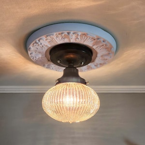 Antique Amber Glass Globe Ceiling Light - Brass Arts Crafts Fixture