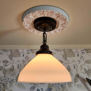 Vintage Milk Glass Pendant Light: 1960s Waffle Pattern, Brass Fixture