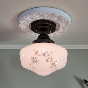Vintage Floral Schoolhouse Pendant Light - Restored Brass & Milk Glass