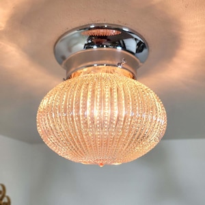 Vintage Amber Glass Globe Ceiling Light: Chrome Arts Crafts Fixture