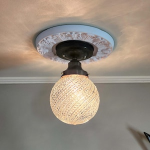 Antique Art Deco Glass Globe Ceiling Light - Restored Brass Fixture