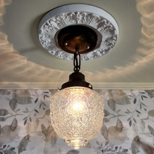 Antique Floral Glass Globe Pendant Light - Art Nouveau Brass Lighting