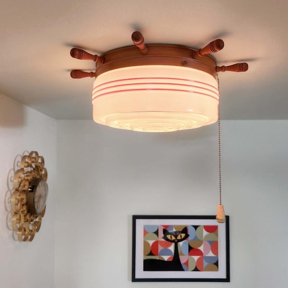 LARGE Vintage Nautical Wooden Flush Mount Lake House Pull Cord