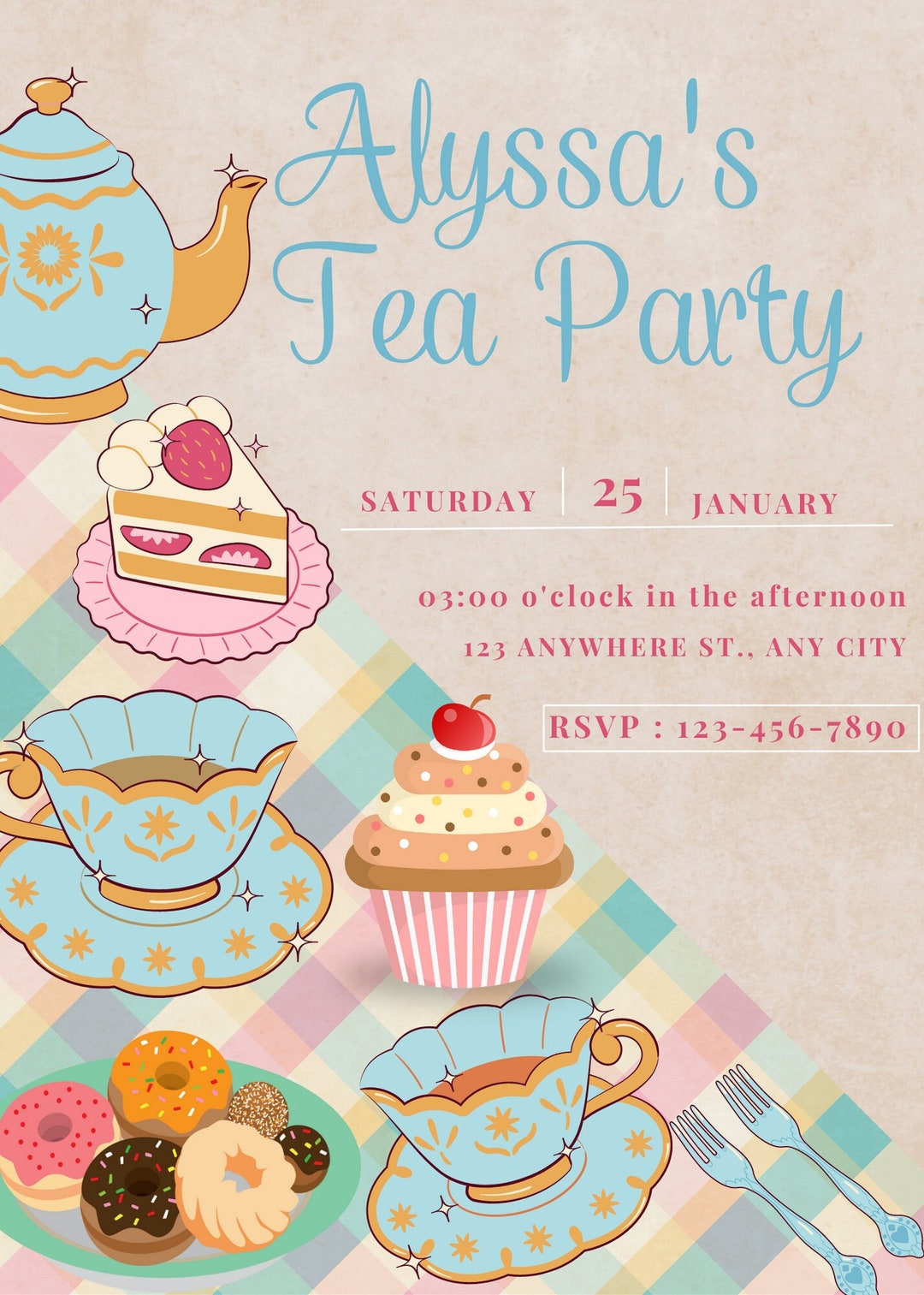 Editable Tea Party Invitations, Kids Girls and Boys Invite, Birthday