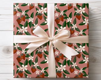 Strawberry Pattern Gift Wrap Sheets | Hand-Drawn Berries, Flowers, Leaves