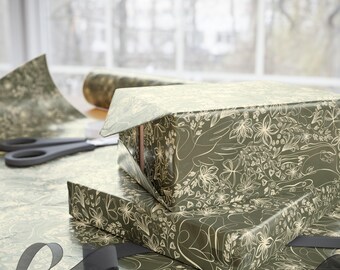 Vintage Floral Animal Line Art Wrapping Paper | Olive Green Paisley Gift Wrap