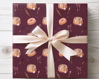 Pastry Coquette Donut and Cinnamon Roll Pattern Wrapping Papers | Burgundy Dessert Gift Wrap Roll