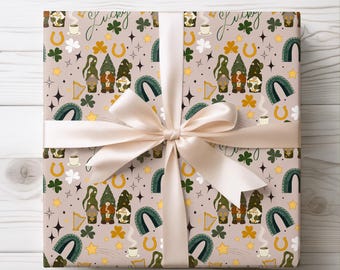 St. Patrick's Day Cream pattern wrapping paper | shamrocks, horseshoes, stars