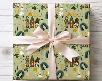 Gnome St. Patricks Day Wrapping Papers | Shamrock Harp Clover Pattern