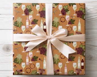Autumn Vineyard Pattern Wrapping Paper | Grapes & Corkscrew Gift Wrap Roll