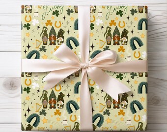 Light Green Gnome St. Patricks Day Pattern Wrapping Paper | Shamrock Harp Horseshoe Print