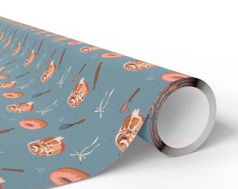 Pastry Coquette Blue Cinnamon Roll Baking Pattern Wrapping Paper | Pastry Donut Kitchen Theme