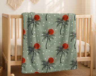 Red Sun Palm Tree Pattern Velveteen Plush Blanket | Beach, Green Background