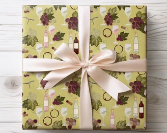 Grapes & Wine Pattern Wrapping Paper | Green Vineyards, Corkscrew, Bottle Motif