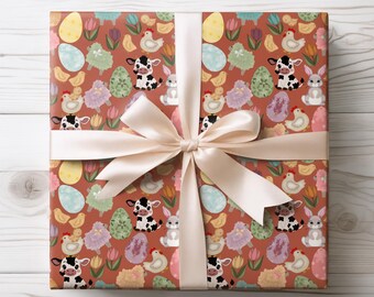 Easter Farm Animals Terracotta Pattern Wrapping Paper |  Floral Cow Print