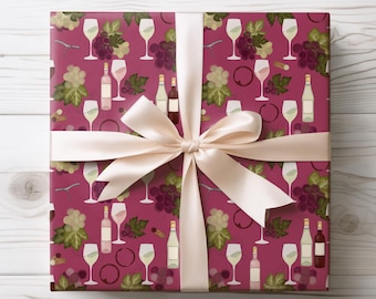 Wine Bottle and Grapes Wrapping Papers | Burgundy Vineyard Pattern