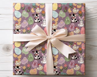Easter Farm Animals Purple Floral Wrapping Paper | Whimsical Cow, Lamb, Chick Pattern