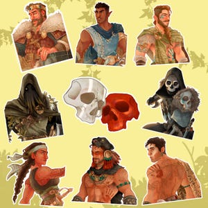 May include: A set of nine illustrated stickers featuring various characters and skulls. The characters are depicted in different styles and poses, with some wearing clothing and accessories. The skulls are stylized and have different colors and designs.