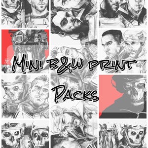 Puede incluir: Una colección de mini impresiones en blanco y negro con retratos de personajes. Las impresiones incluyen imágenes de una figura enmascarada con una calavera y otros individuos. El texto "Mini B&W Print Packs" se muestra en la imagen.