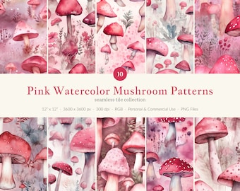 Seamless Pink Mushroom Watercolor Digital Papers - Instant Download | Printable Wallpaper Patterns, Scrapbook, Journal Decor | Paper Set